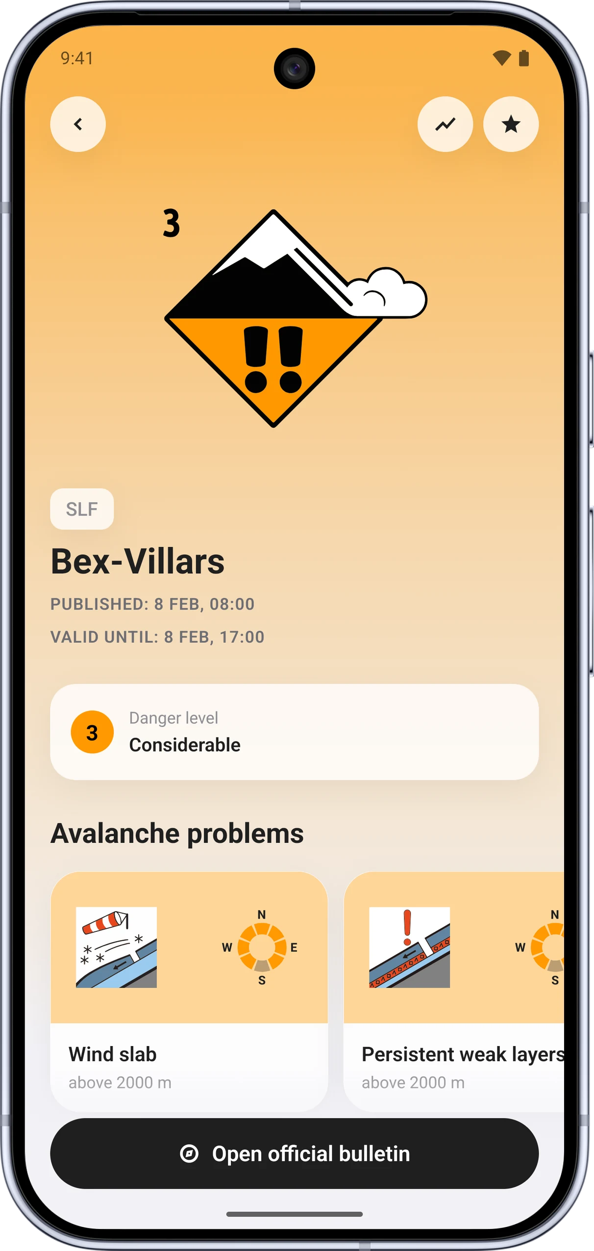 Komunikat lawinowy dla Bex-Villars w Avarisk na Androidzie